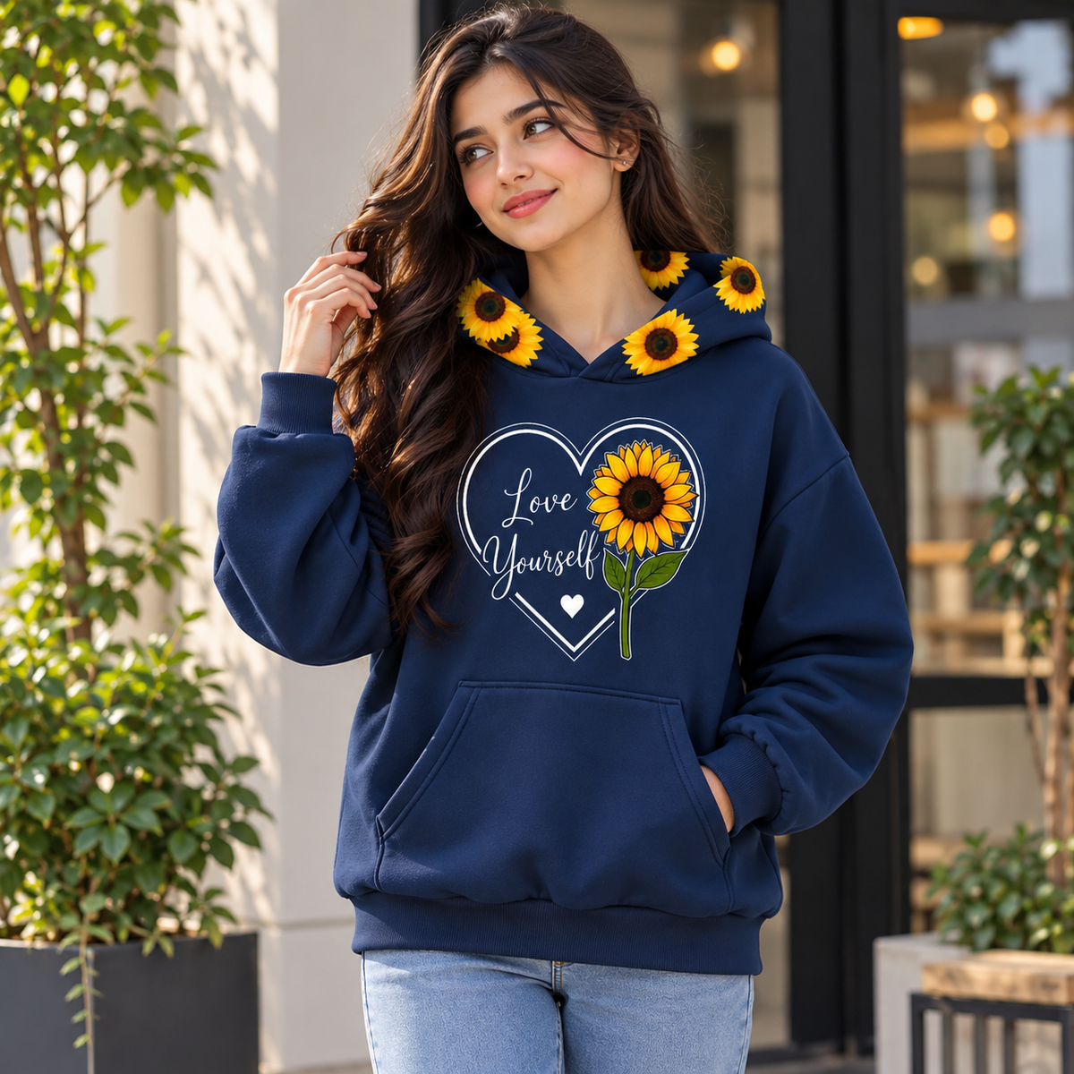 Sunflower Love Yourself Fleece Hoodie for Girls – Waterproof Print
