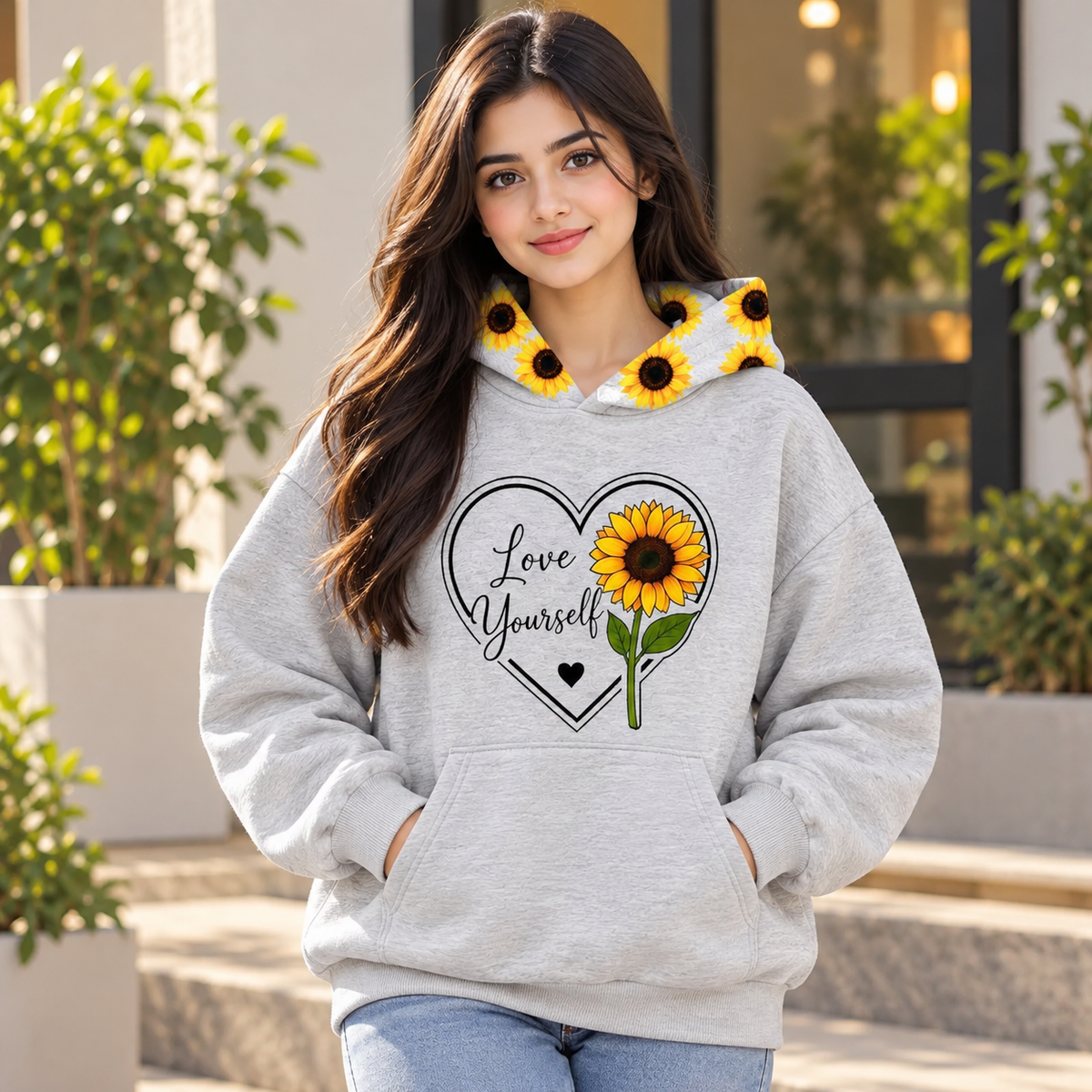 Sunflower Love Yourself Fleece Hoodie for Girls – Waterproof Print