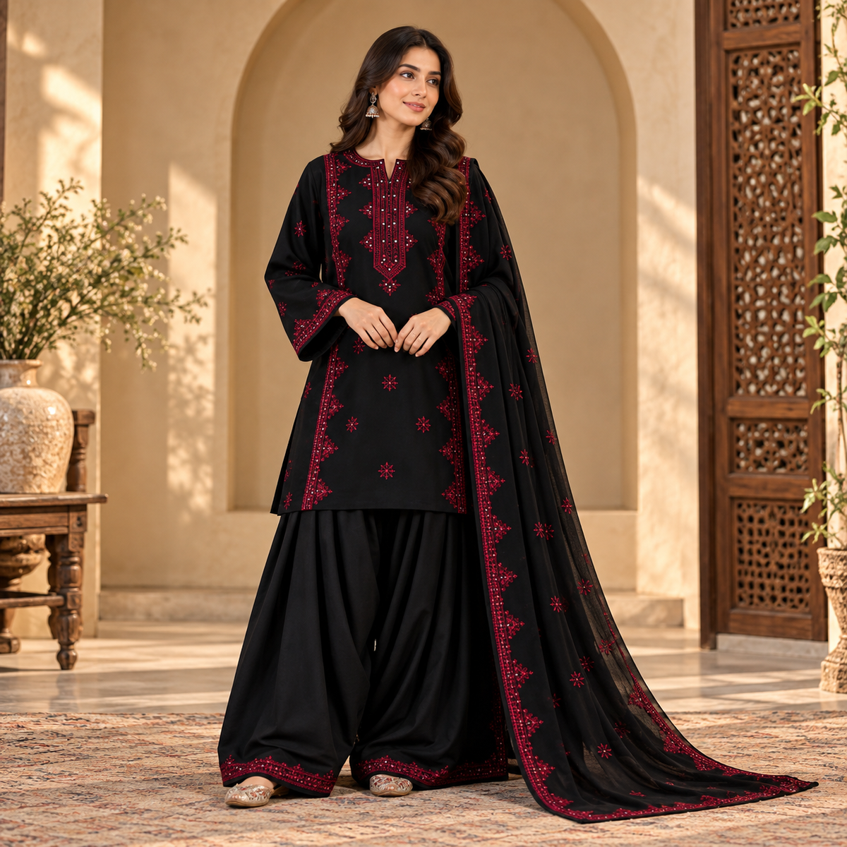 Premium Black & Maroon Embroidered 3-Piece Winter Cotton Suit – Ready to Wear