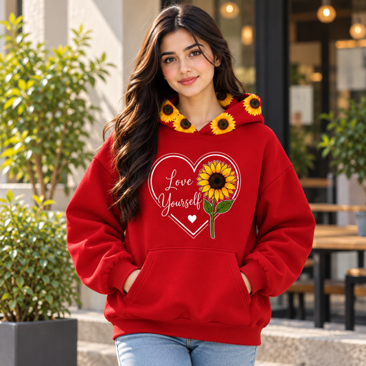 Sunflower Love Yourself Fleece Hoodie for Girls – Waterproof Print