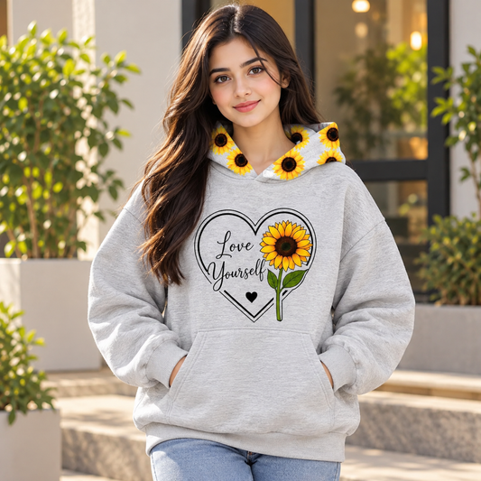 Sunflower Love Yourself Fleece Hoodie for Girls – Waterproof Print