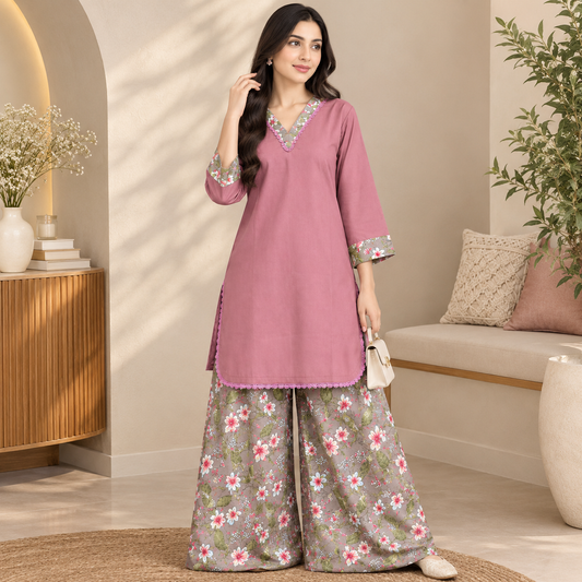 Dusty Pink Winter Cotton 2-Piece Stitched Suit with Printed Farshi Shalwar