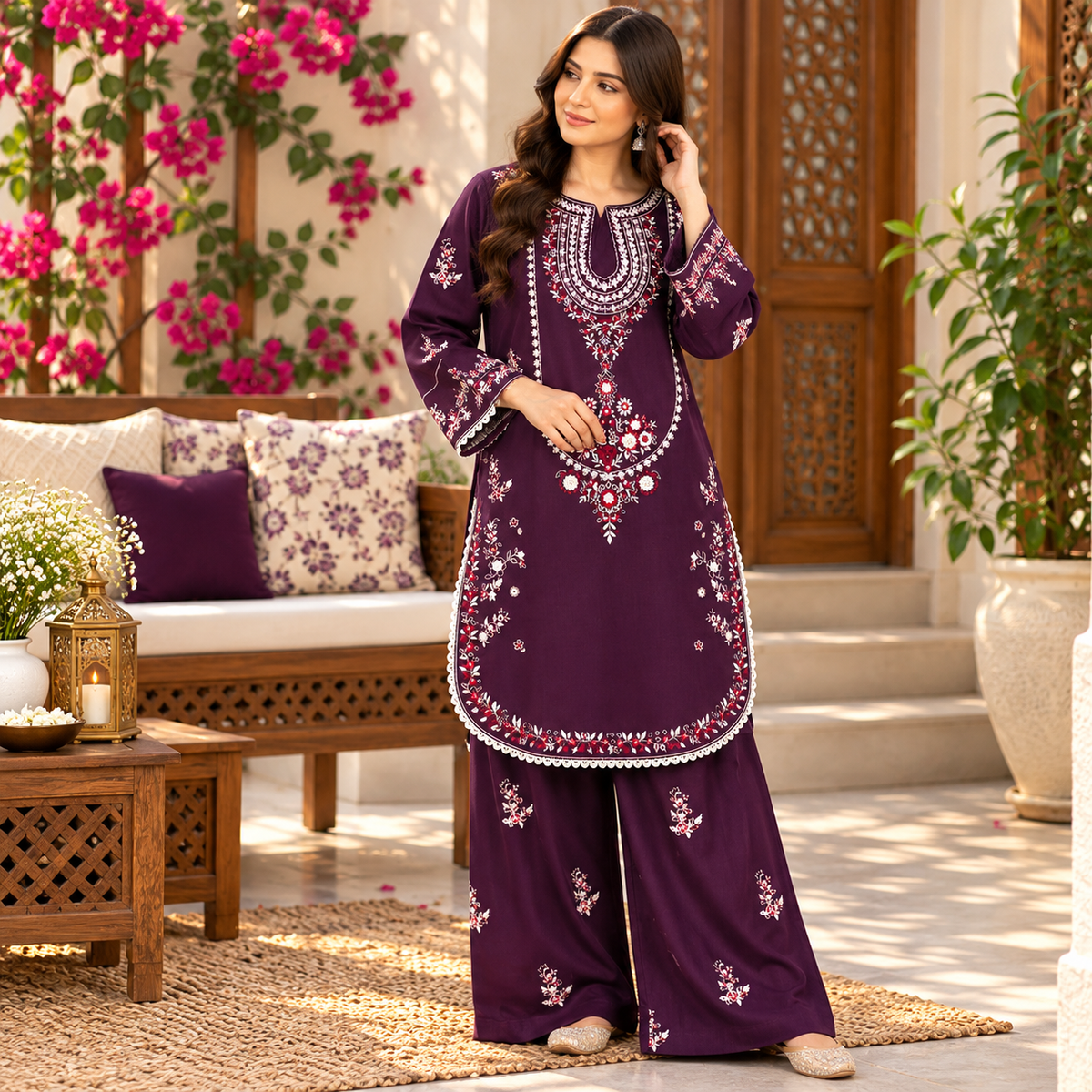 Deep Plum Embroidered Khaddar Co-Ord Set for Women