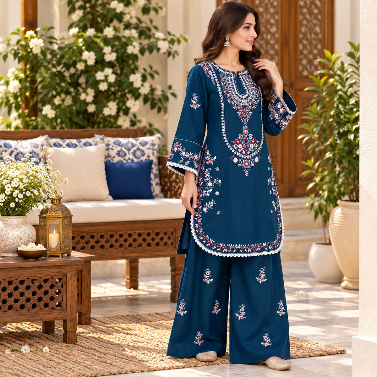 Teal Blue Embroidered Khaddar Co-Ord Set for Women