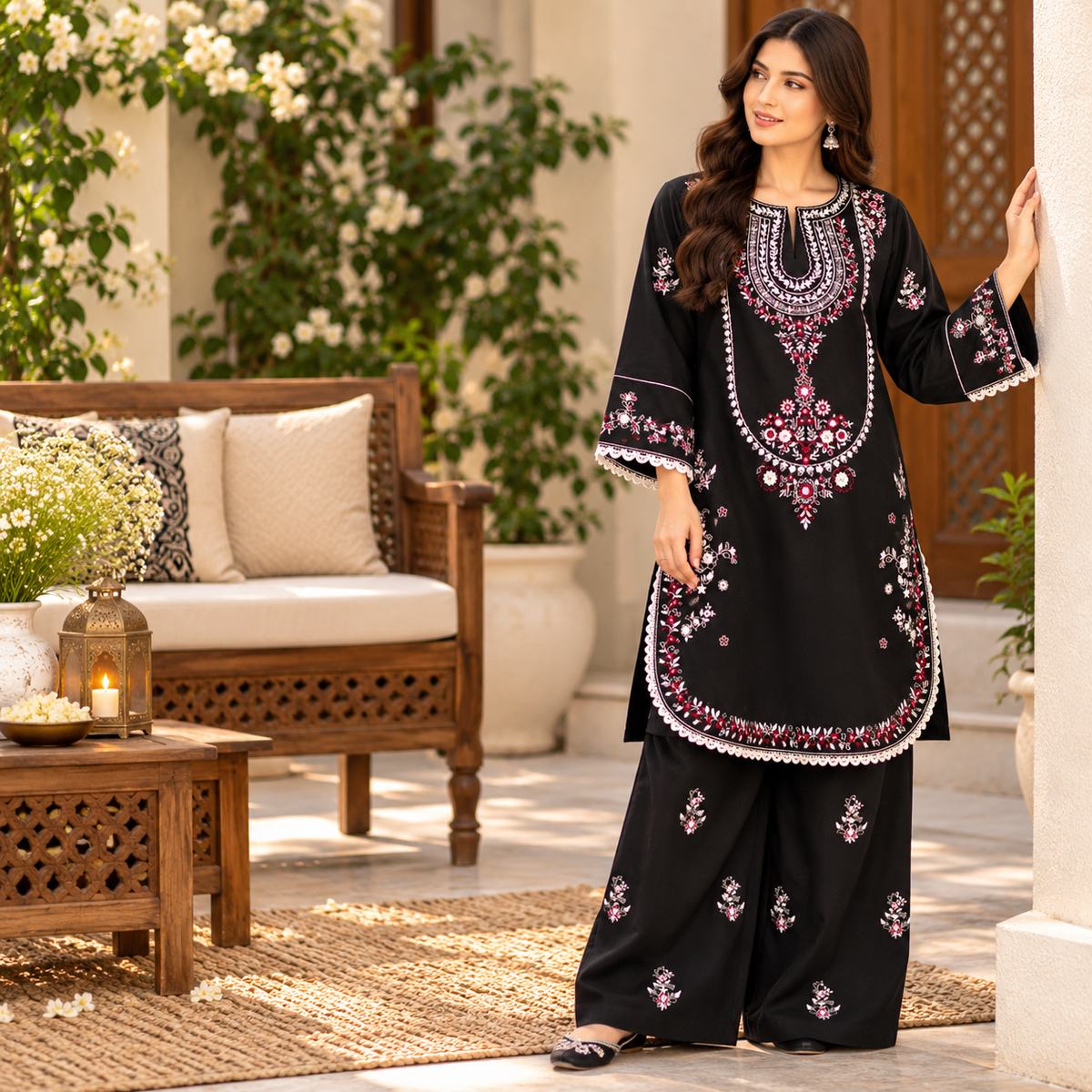 Black Elegance Embroidered Khaddar Co-Ord Set for Women