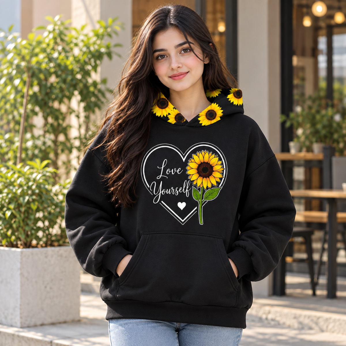 Sunflower Love Yourself Fleece Hoodie for Girls – Waterproof Print