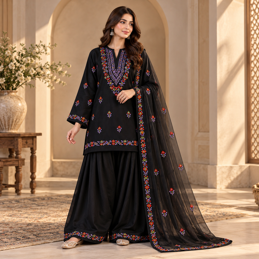 Black Embroidered Winter Cotton 3-Piece Stitched Suit – Ready to Wear | Sheen Official