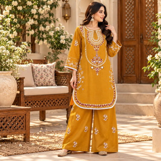 Mustard Bloom Embroidered Khaddar Co-Ord Set