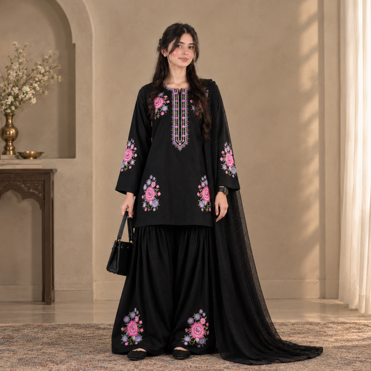 Black Pink Floral Embroidered Winter Cotton 3-Piece Stitched Suit – Ready to Wear | Sheen Official