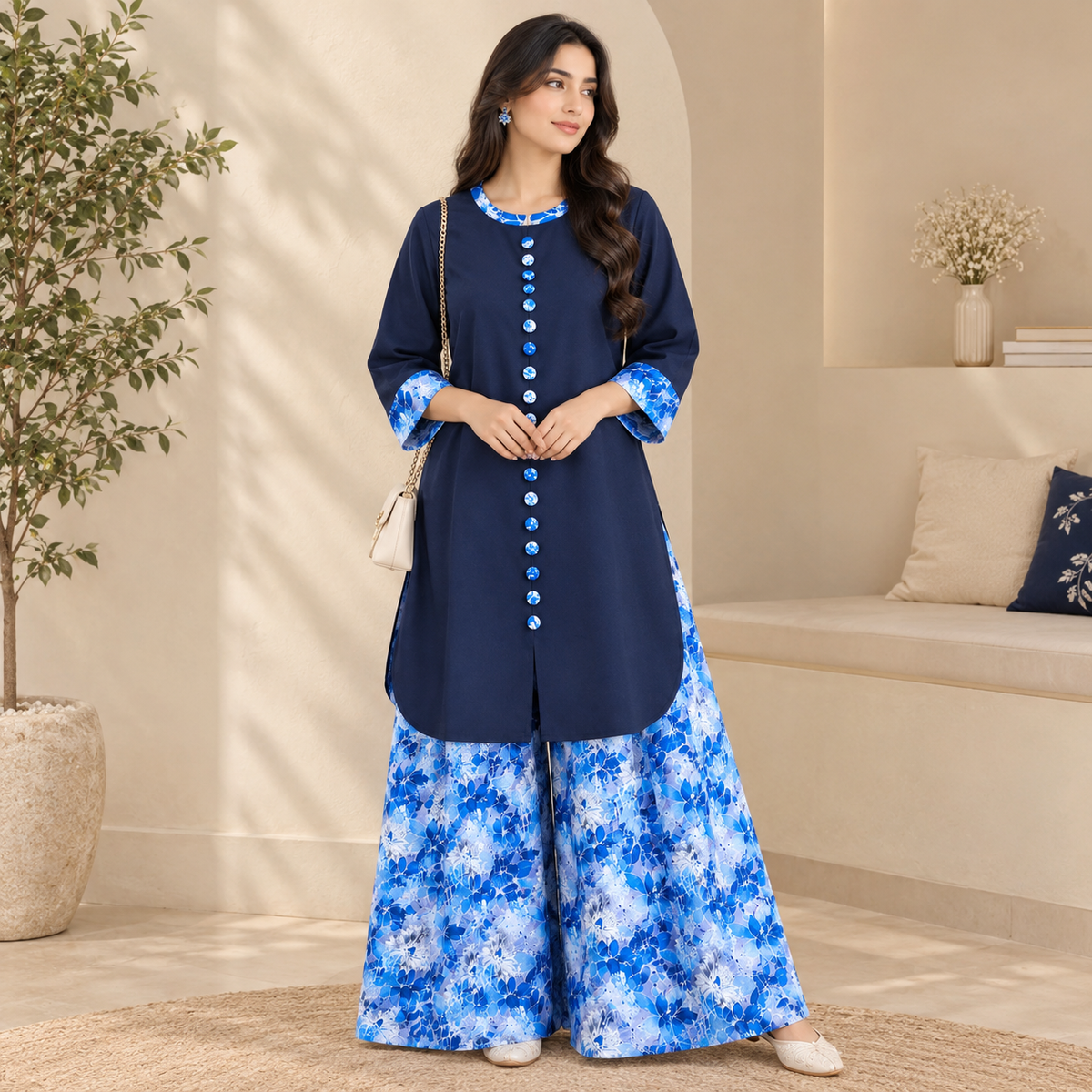 Navy Blue Winter Cotton 2-Piece Stitched Suit with Printed Farshi Shalwar