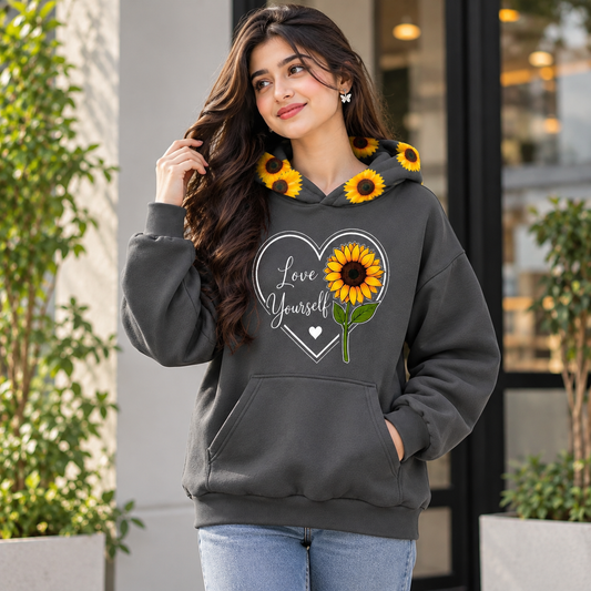 Sunflower Love Yourself Fleece Hoodie for Girls – Waterproof Print