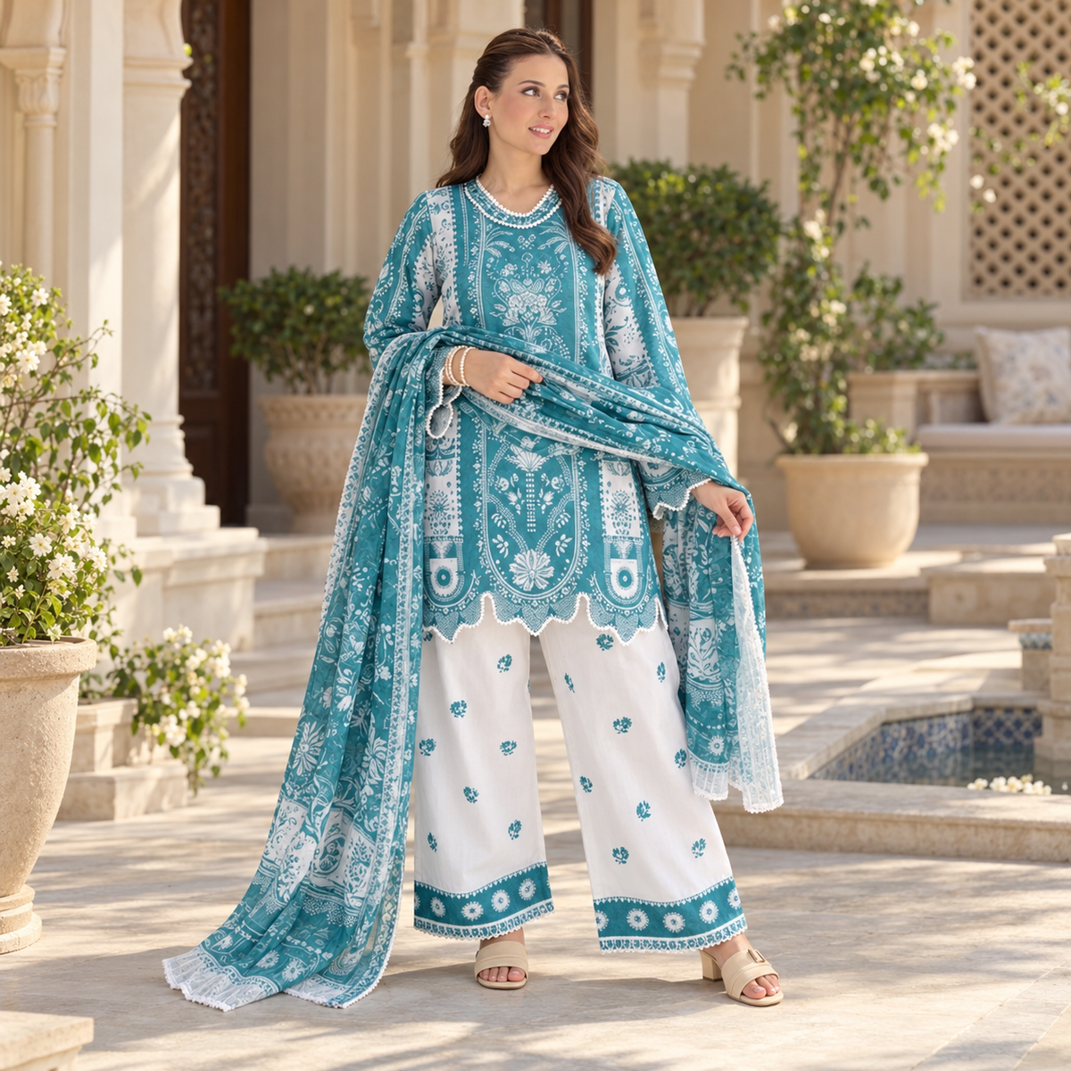 Elegant Teal Blue & White 3-Piece Cotton Suit