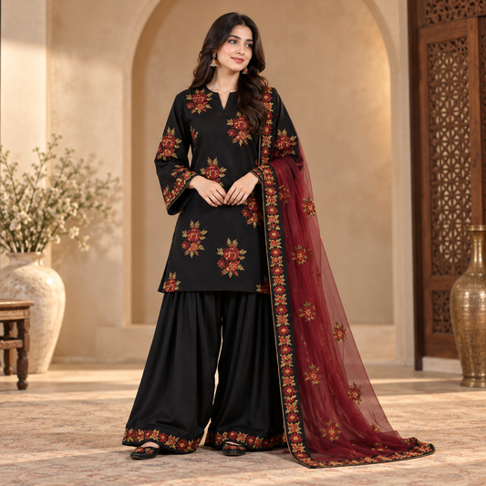 Black & Maroon Floral Embroidered Winter Cotton 3-Piece Stitched Suit – Ready to Wear | Sheen Official