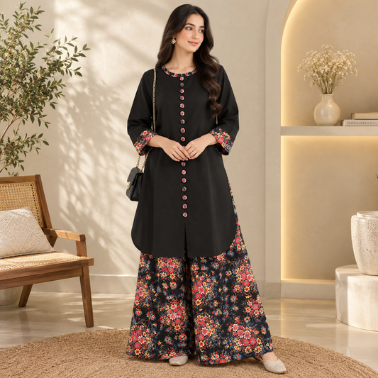 Black Winter Cotton 2-Piece Stitched Suit with Floral Printed Farshi Shalwar