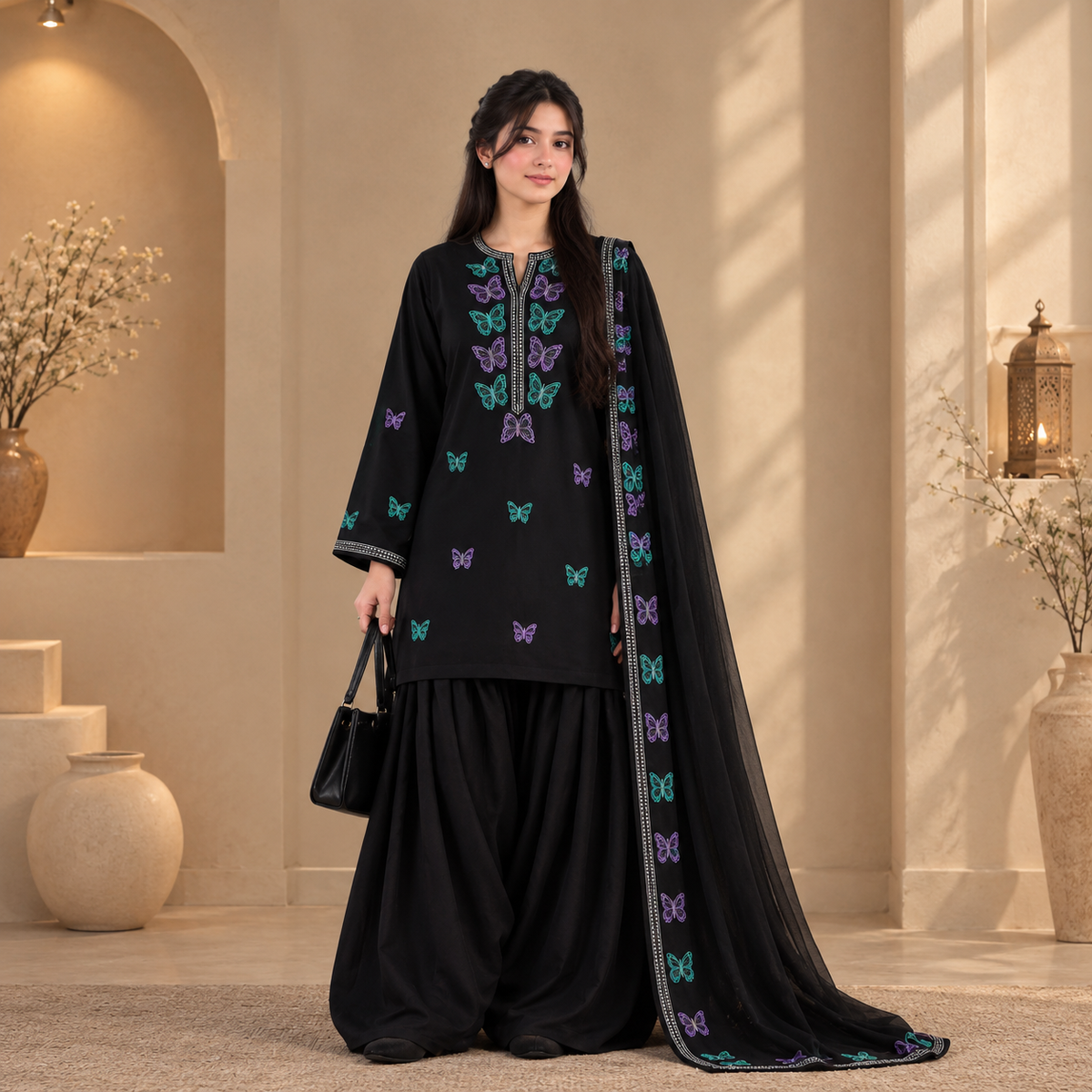 Black Butterfly Embroidered Winter Cotton 3-Piece Stitched Suit – Ready to Wear | Sheen Official
