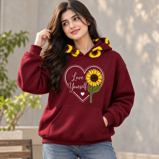 Sunflower Love Yourself Fleece Hoodie for Girls – Waterproof Print