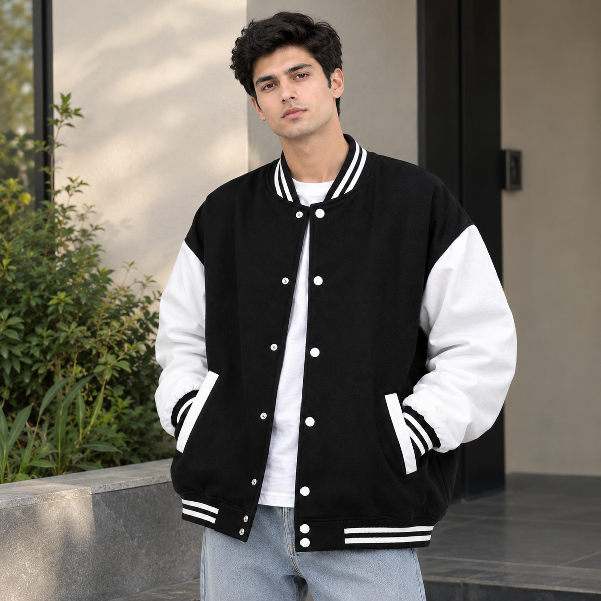 Men’s Black & White Baseball Varsity Jacket – Classic Streetwear