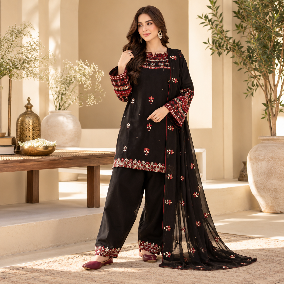 Elegant Black Embroidered 3-Piece Cotton Suit