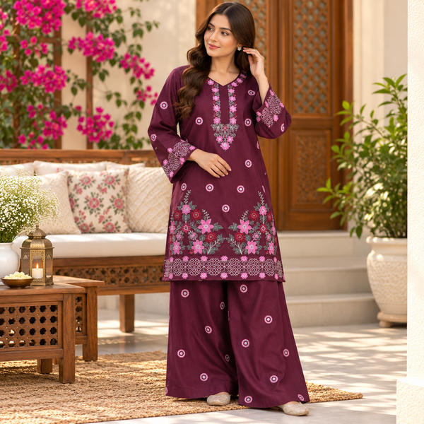 Plum Purple Embroidered 2-Piece Khaddar Suit for Women