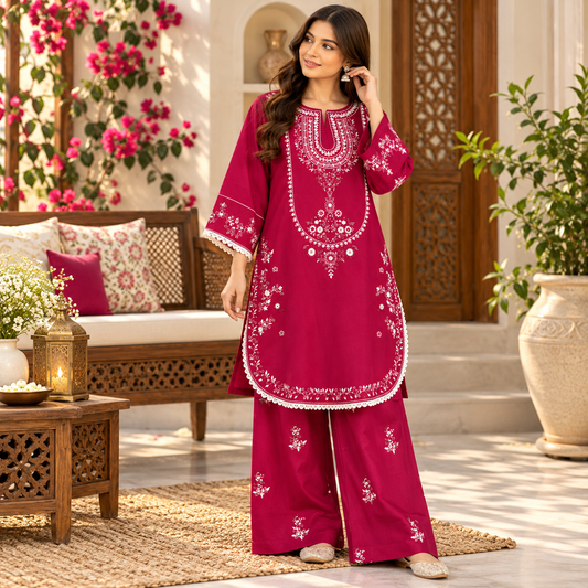 Magenta Bloom Embroidered Khaddar Co-Ord Set