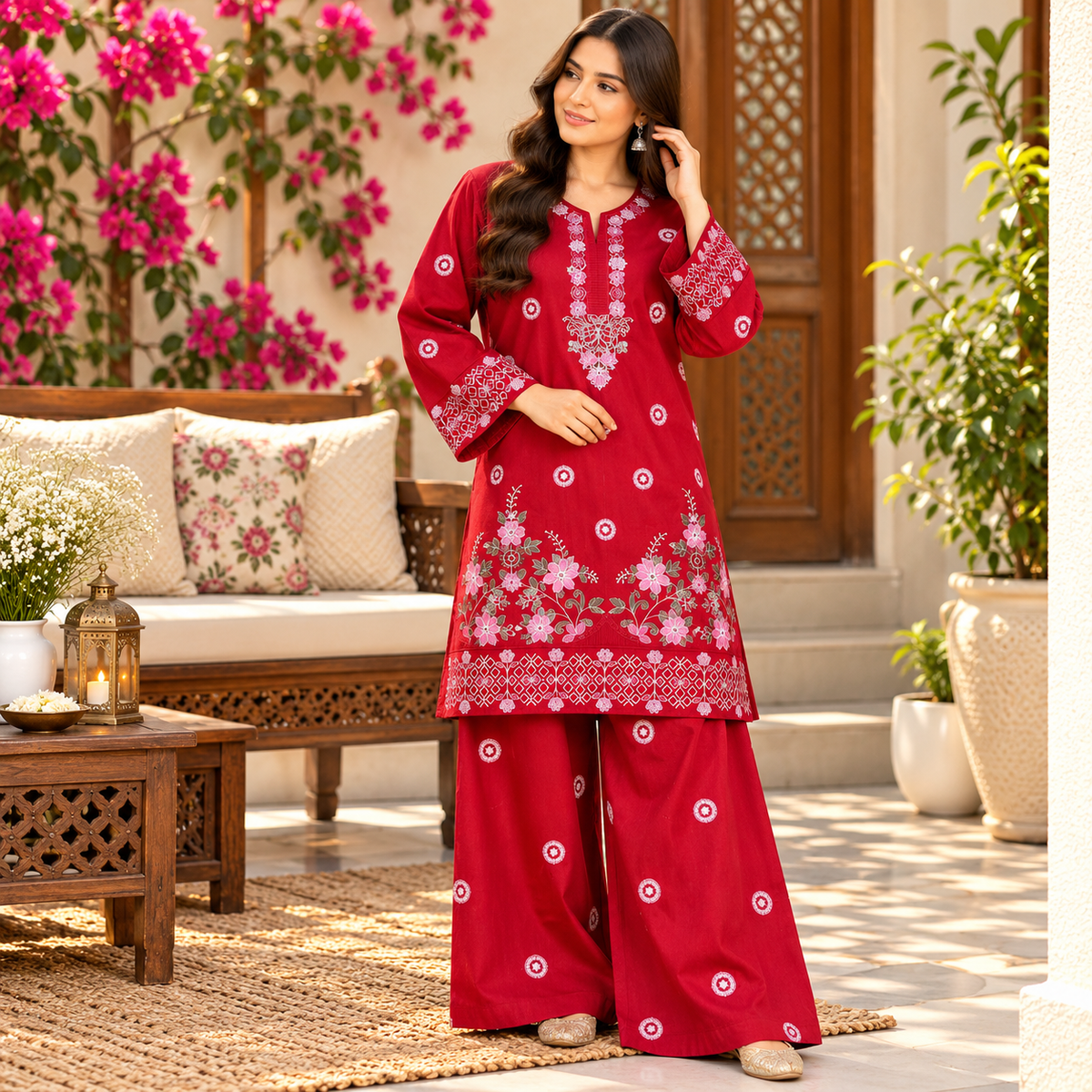 Elegant Red Embroidered 2-Piece Khaddar Suit