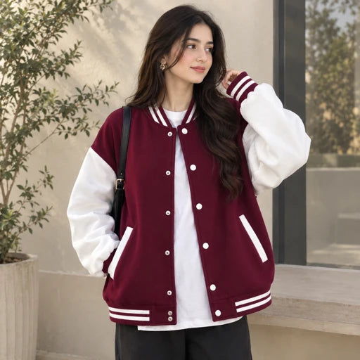 Women’s Maroon & White Baseball Varsity Jacket 85