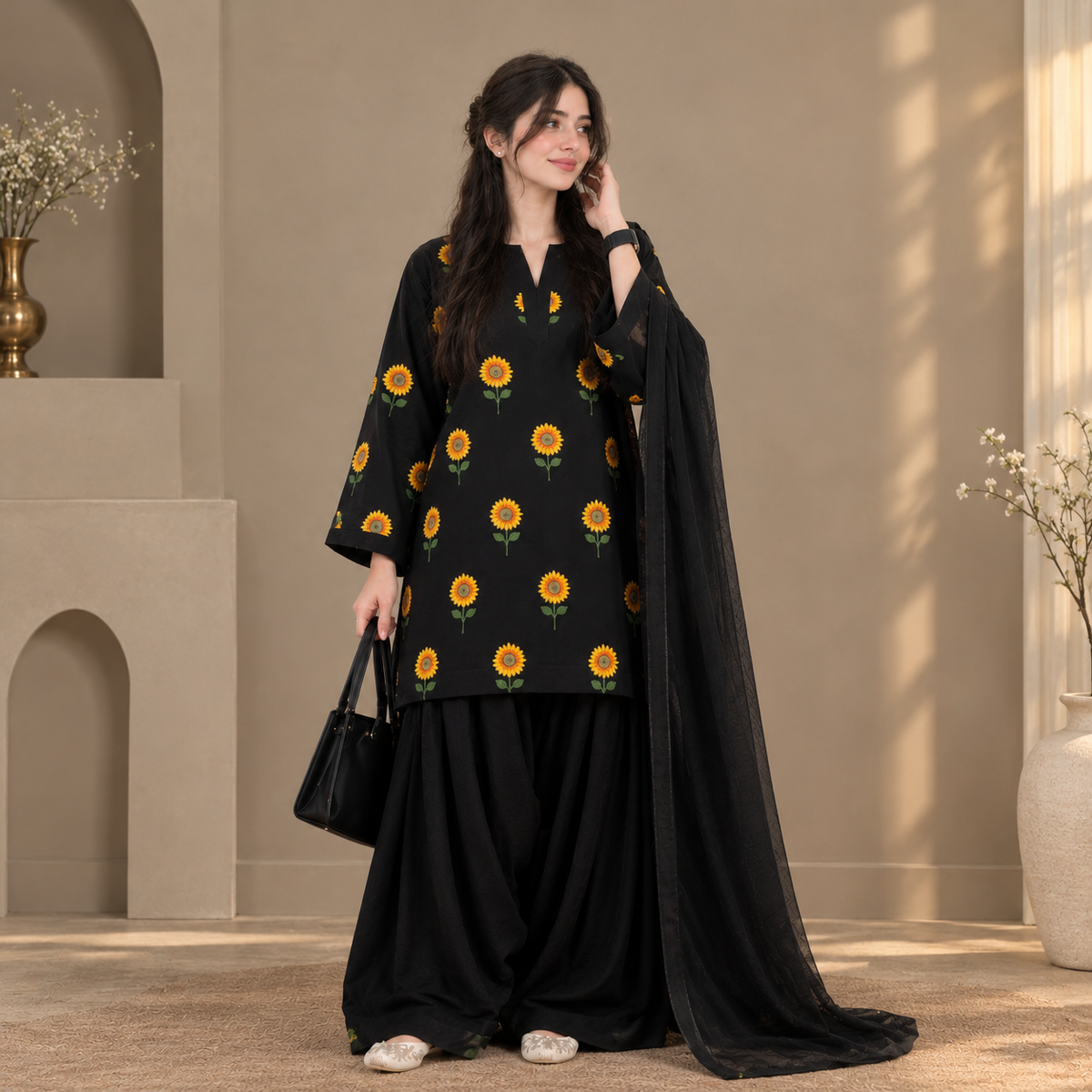 Black Sunflower Embroidered Winter Cotton 3-Piece Stitched Suit – Ready to Wear