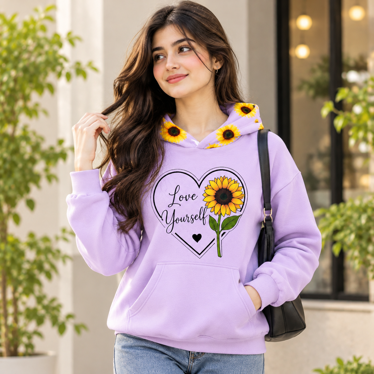Sunflower Love Yourself Fleece Hoodie for Girls – Waterproof Print