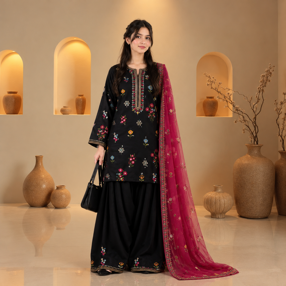 Black Embroidered Winter Cotton 3-Piece Stitched Suit with Pink Dupatta – Ready to Wear | Sheen Official