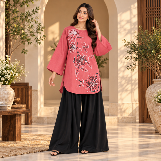 Women’s Winter Cotton 2-Piece Stitched Suit – Floral Embroidered Kurti with Black Palazzo Trouser
