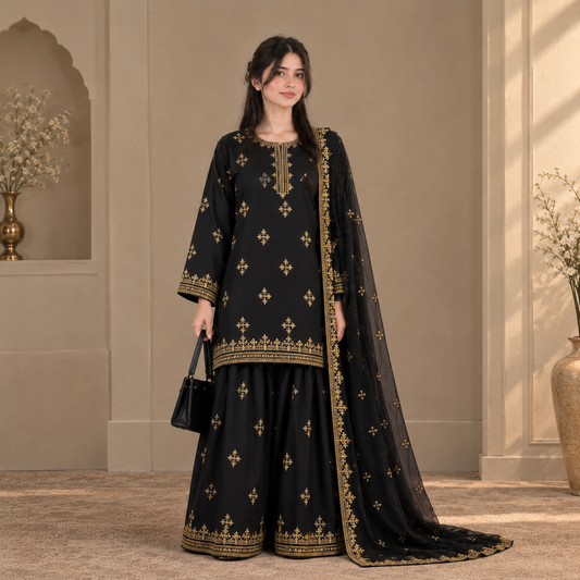 Black & Gold Embroidered Winter Cotton 3-Piece Stitched Suit – Ready to Wear | Sheen Official