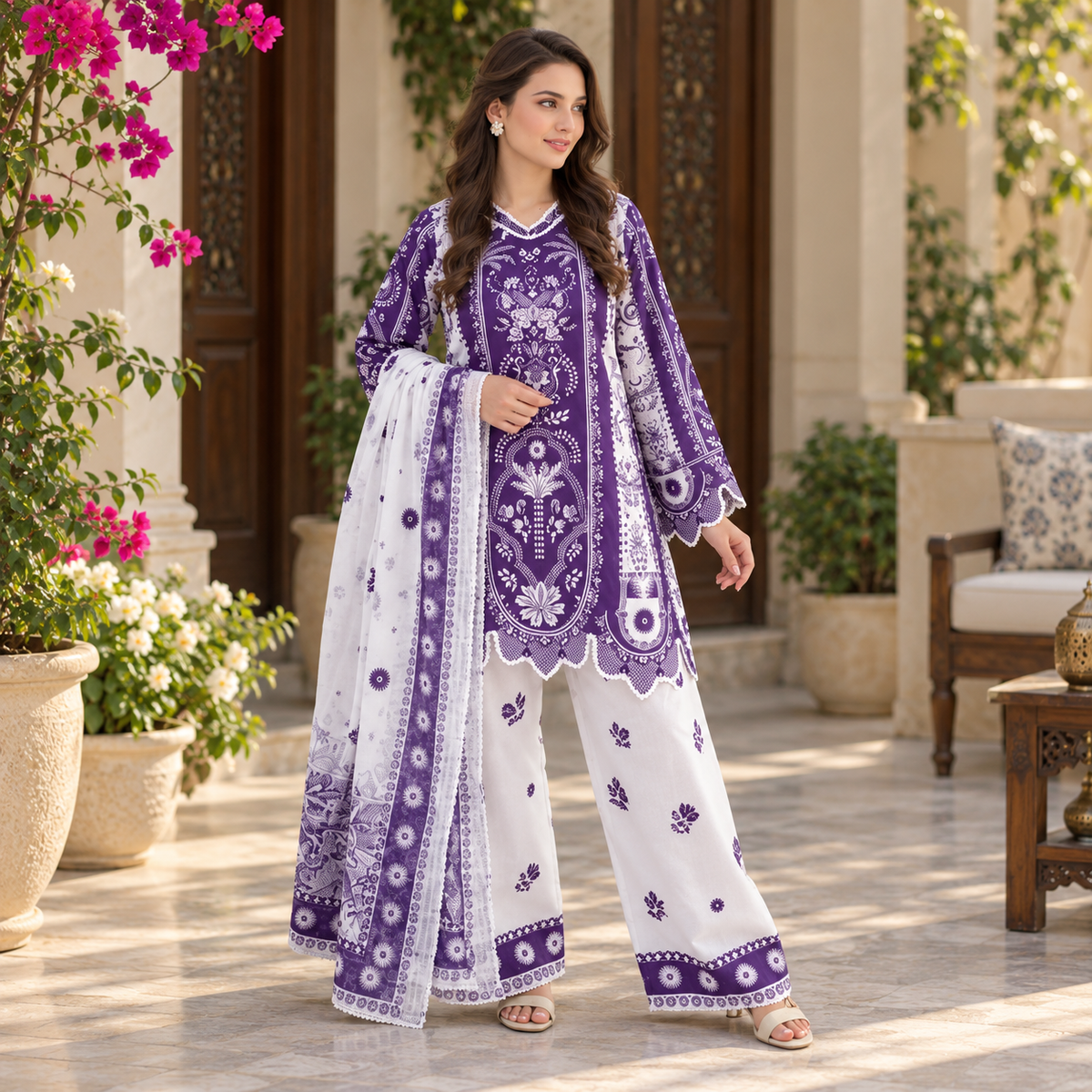 Purple & White Printed 3-Piece Cotton Suit with Matching Dupatta