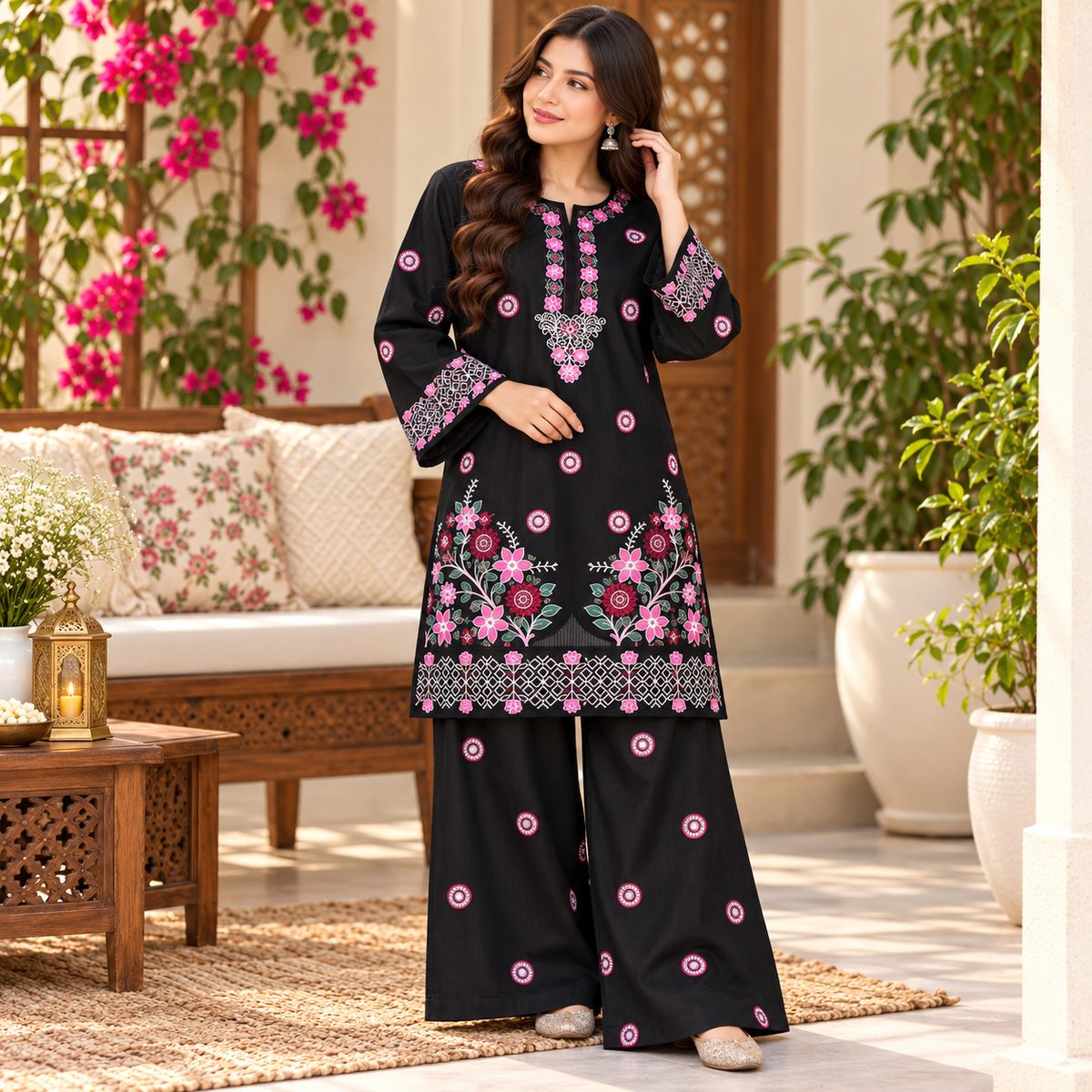 Black Embroidered 2-Piece Khaddar Suit with Floral Embroidery