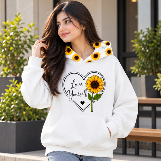 Sunflower Love Yourself Fleece Hoodie for Girls – Waterproof Print