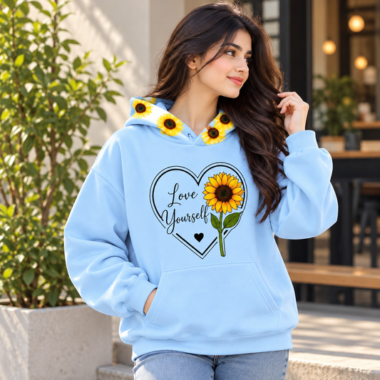 Sunflower Love Yourself Fleece Hoodie for Girls – Waterproof Print