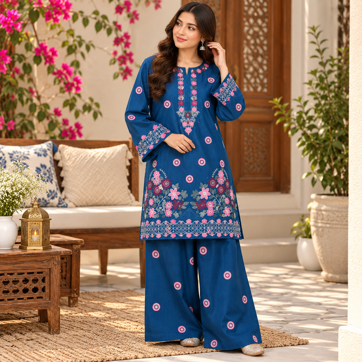 Royal Blue Embroidered 2-Piece Khaddar Suit for Women