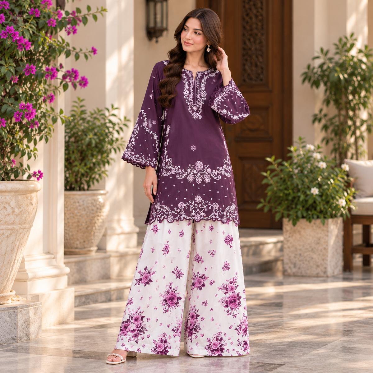 Purple Embroidered Cotton 2-Piece Stitched Suit with Printed Farshi Shalwar | Ready to Wear